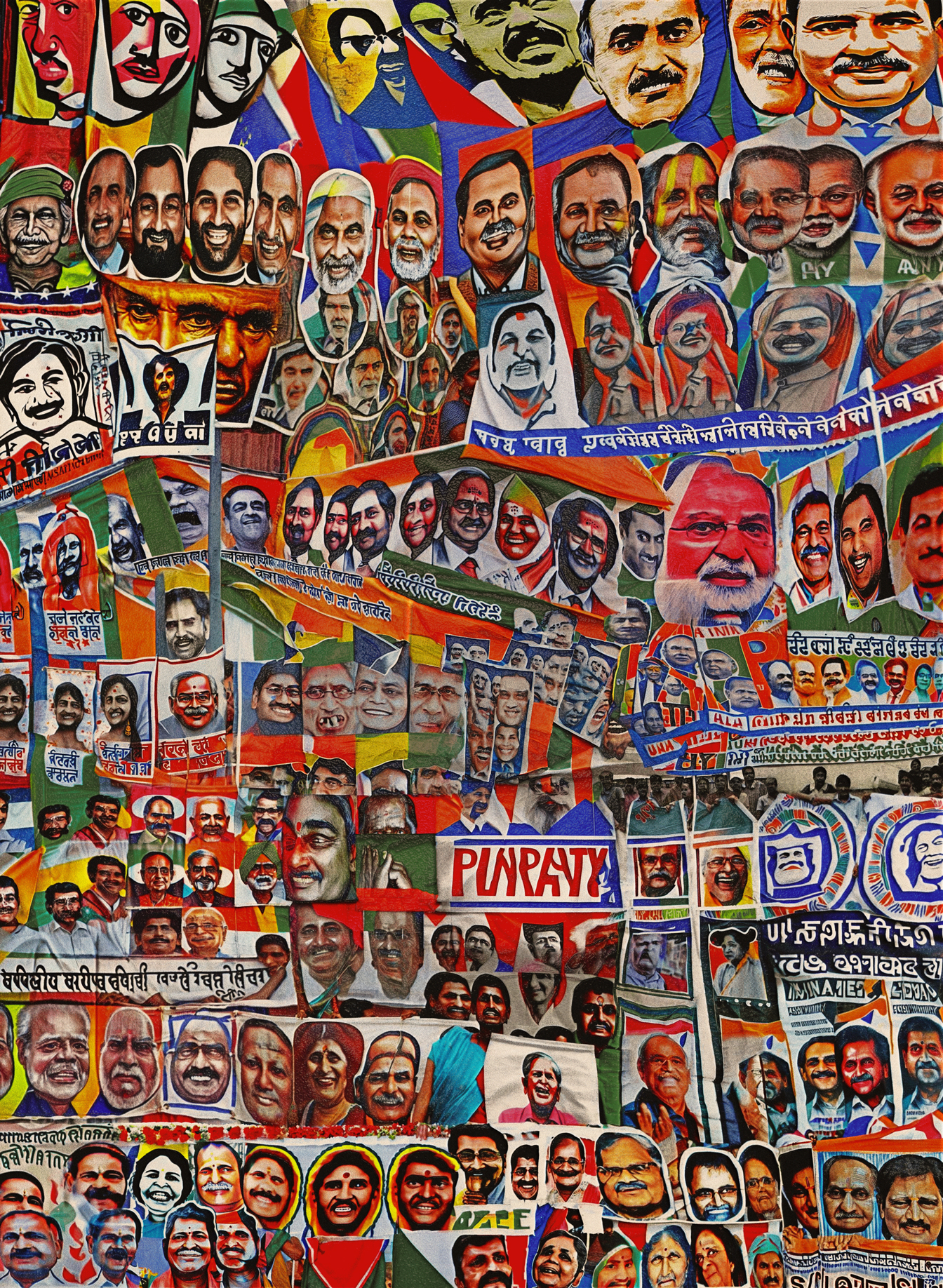 An AI generated collage of many faces of people on fictitious political party banners and hoardings. The typography on them resembles South-Asian scripts. These banners are typical of the geography.